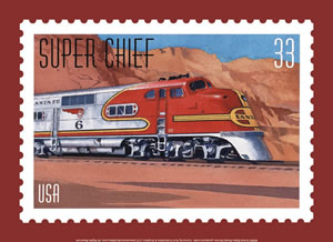 (PD) Image: United States Postal Service One of five All Aboard! 20th Century American Trains commemorative stamps issued by the USPS in August, 1999. Here, Locomotive #6 (an EMD E1 unit) is seen painted in the Santa Fe's distinctive "Warbonnet" livery.