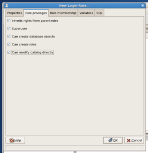CentOS 5.4 screenshot pgAsdmin III Role Privileges.png