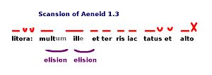 Diagram of scansion of Aeneid 1.3.