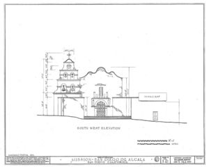 (PD) Drawing: U.S. Historic American Buildings Survey An elevation drawing of Mission San Diego de Alcalá as prepared by the U.S. Historic American Buildings Survey in 1937.