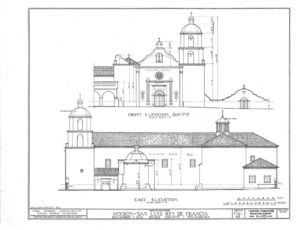 (PD) Drawing: Historic American Buildings Survey An elevation drawing of Mission San Luís Rey de Francia as prepared by the U.S. Historic American Buildings Survey in 1937.
