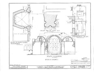 (PD) Drawing: Historic American Buildings Survey An elevation drawing of Mission San Juan Capistrano's "Great Stone Church" as prepared by the Historic American Buildings Survey in 1937.