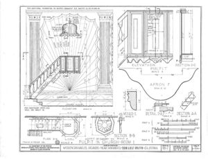 (PD) Drawing: U.S. Historic American Buildings Survey Plan, elevation, and detail drawings of the pulpit at Mission San Miguel Arcángel as prepared by the Historic American Buildings Survey in 1937.