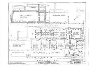 (PD) Drawing: Historic American Buildings Survey A floor plan drawing of the monastery building at Mission San Luis Obispo as prepared by the U.S. Historic American Buildings Survey in 1937.
