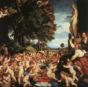 Naked woman on right, with babies outdoors below her.