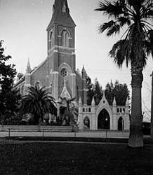 (PD) Photo: Keystone-Mast A view of the Holy Cross Church which sits at the site of the former Mission Santa Cruz, circa 1900.