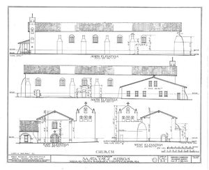 (PD) Drawing: U.S. Historic American Buildings Survey Elevation drawings of Mission Santa Inés as prepared by the U.S. Historic American Buildings Survey in 1937.