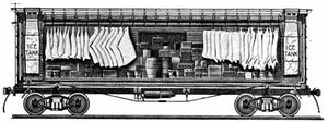 (PD) Drawing: Unknown An early refrigerator car design, circa 1870. Hatches in the roof provided access to the ice tanks at each end of the car.