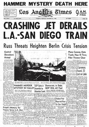 © Image: Los Angeles Times An F4D Skyray fighter jet overshot the runway at the Marine Corps Air Station in El Toro, California on November 19, 1958 and was struck by southbound train No. 74. No fatalities and only a few injuries resulted from the colision.