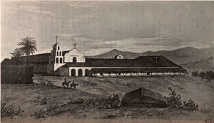 PD Painting A painting of Mission San Diego de Alcalá as it appeared in 1848 depicts the original campanario ("bell tower"), before it was reduced to rubble. The painting also shows the enclosed front portico.