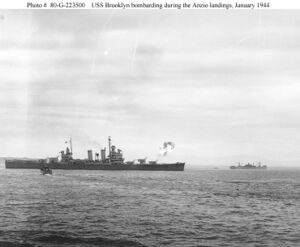 USS Brooklyn bombards shore positions druing the Anzio invasion.jpg
