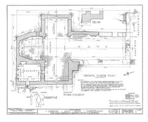 (PD) Drawing: Historic American Buildings Survey A floor plan drawing of Mission San Juan Capistrano's "Great Stone Church" as prepared by the Historic American Buildings Survey in 1937.