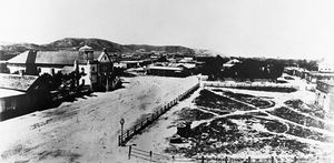 (PD) Photo: Unknown The Los Angeles Plaza and "Old Plaza Church" in 1869.