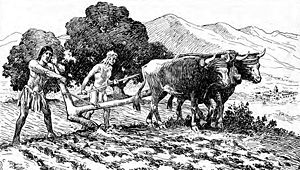 (PD) Drawing: A.B. Dodge Natives utilize a primitive plow to prepare a field for planting near Mission San Diego de Alcalá.