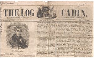 Picture of a tattered faded newspaper called "The Log Cabin".