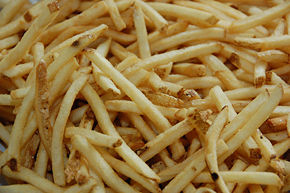 Shoestring fries are prepared from peeled or unpeeled potatoes that have been cut lengthways to form about ⅓ inch (0.8 cm) strips. This is probably the most common cut within the United States.