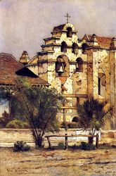(PD) Painting: Edwin Deakin The six-bell campanario ("bell wall") at Mission San Gabriel Arcángel, 1897.
