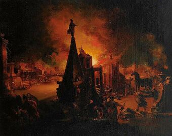 Painting of Troy burning with horse.