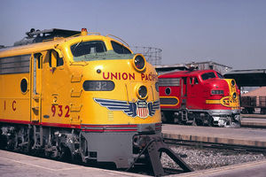 (CC) Photo: Drew Jacksich The Union Pacific's City of Los Angeles and the ATSF's San Diegan at Union Station in Los Angeles in March, 1971.