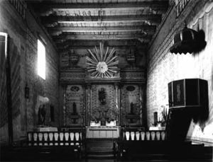 (PD) Photo: Adam Clark Vroman An interior view of the capilla (chapel) at Mission San Miguel Arcángel circa 1897.