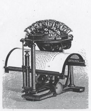 Circular array of keys resembling a giant pin cushion atop a contraption containing a curved letter-size sheet of paper with writing on it
