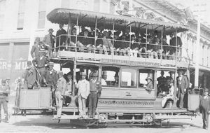(PD) Photo: R.C. Brandt A double-decker SDER streetcar stops at 5th Avenue and Market Street on September 21, 1892.
