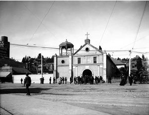 (PD) Photo: William Henry Jackson The "Plaza Church" sometime between 1890 and 1900. The original structure incorporated a four-bell campanario, or "bell wall" prior to being rebuilt in 1861.[1]