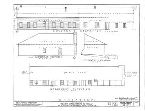 (PD) Drawing: Historic American Buildings Surveybr />An elevation drawing of the monastery building at Mission San Luis Obispo as prepared by the U.S. Historic American Buildings Survey in 1937.
