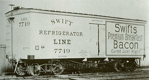 (PD) Photo: Chicago Historical Society A builder's photo of one of the first refrigerator cars to come out of the Detroit plant of the American Car and Foundry Company (ACF), built in 1899 for the Swift Refrigerator Line.