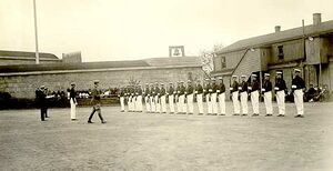 Cadets drill on the parade ground at the Revenue Cutter School of Instruction, Fort Trumbull.jpg