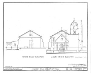 (PD) Drawing: U.S. Historic American Buildings Survey Elevation drawings of Mission San Buenaventura as prepared by the Historic American Buildings Survey in 1937.