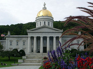 Picture of a two story Roman-style building with a gold dome with an American flag off to the left.
