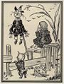 Denslow's drawing of scarecrow hung up on pole and helpless, from 1st edition of book, 1900
