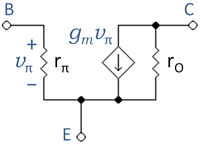 Simplified, low-frequency hybrid-pi BJT model.