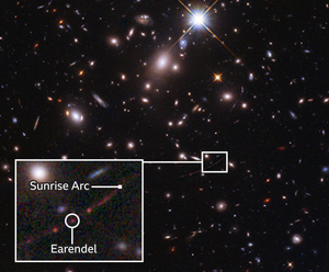 Earendel, a distant star, and The Sunrise Arc, the galaxy within which it was found - NASA Hubble image.png