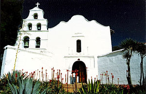(CC) Photo: Robert A. Estremo The main façade and campanile ("bell wall") at Mission San Diego de Alcalá as they appeared in 1987. At the time of the Mission's restoration in 1931 only the façade remained relatively intact.