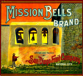 (PD) Image: San Diego Fruit Company A crate label for Mission Bells Brand fruit depicts the ringing of the bells at Mission San Juan Capistrano.