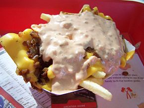 Animal fries are a unique offering by the In-N-Out U.S. fast-food restaurant chain. Animal fries are prepared from shoestring french fries smothered with two slices of American cheese, a "secret sauce" similar to thousand island salad dressing, and grilled onions.