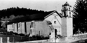(PD) Photo: William Amos Haines Mission San Buenaventura circa 1900. Note the thickness of the chapel side wall and the massive buttresses supporting it.