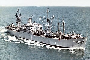 USS Rankin (AKA-103) underway at sea, circa in the 1960s.jpg