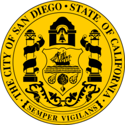 © Image: City of San Diego, California The official seal of the City of San Diego in part reflects the town's historical ties to the mission from whence it got its name.