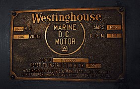 Builder's plate for one Fire Fighter's Westinghouse Electric motors