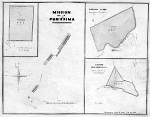 (PD) Diagram: U.S. Land Surveyor's Office A land survey conducted in 1854 documented the orchard and vineyards associated with Mission La Purísima Concepción.