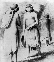 (PD) Drawing: H.C. Brown Patwin women wearing skirts of skin; one carries a baby.