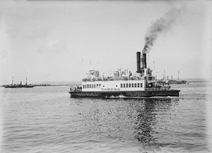 (PD) Photo: Unknown The Coronado Ferry Company's ferry Ramona (part of the Spreckels transportation empire) plies the waters of San Diego Bay circa 1910. The vessel was built at the Risdon Iron Works in Oakland, California and remained in service until she was scrapped in 1932.[1]
