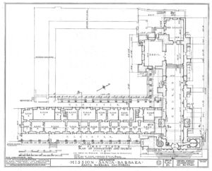 (PD) Drawing: U.S. Historic American Buildings Survey A floor plan drawing of Mission Santa Barbara as prepared by the Historic American Buildings Survey in 1937.