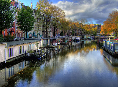 A sunny autumn day along one of the many canals in Amsterdam.