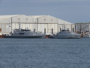 ADV Cape Otway & HMPNGS Francis Agwi at Austal shipyards in Henderson, Western Australia, October 2021 02.jpg