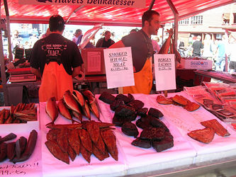 Smoked whale meat and fish on sale at a market in Bergen, Norway.