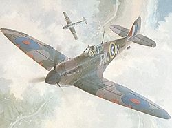 Supermarine Spitfire with its nose high and rolling opposite to the turn of the opposing Luftwaffe Messerschmitt 109E, during the Battle of Britain, 1940